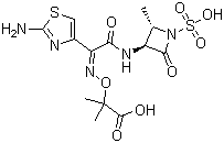 结构式 CAS# 78110-38-0, 氨曲南; [2S-[2a,3b(Z)]]-2-[[[1-(2-氨基-4-噻唑基)-2-[(2-甲基-4-氧代-1-磺基-3-氮杂环丁烷基)氨基]-2-氧化亚乙基]氨基]氧代]-2-甲基丙酸