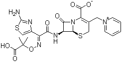 结构式 CAS# 78439-06-2, 头孢他啶; (6R,7R)-7-[[(2Z)-2-(2-氨基-1,3-噻唑-4-基)-2-(1-羟基-2-甲基-1-氧代丙烷-2-基)氧亚氨乙酰]氨基]-8-氧代-3-(吡啶-1-鎓-1-基甲基)-5-硫杂-1-氮杂双环[4.2.0]辛-2-烯-2-甲酸