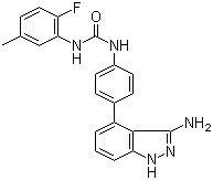 结构式 CAS# 796967-16-3, Linifanib; N-[4-(3-氨基-1H-吲唑-4-基)苯基]-N'-(2-氟-5-甲基苯基)脲