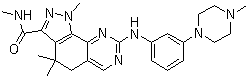structure of CAS# 802539-81-7, PHA 848125;4,5-Dihydro-N,1,4,4-tetramethyl-8-[[4-(4-methyl-1-piperazinyl)phenyl]amino]-1H-pyrazolo[4,3-h]quinazoline-3-carboxamide