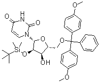 structure of CAS# 81246-80-2, 2'-O-tert-Butyldimethylsilyl-5'-O-(4,4'-dimethoxytrityl)uridine;1-[(2R,3R,4R,5R)-5-[[bis(4-methoxyphenyl)-phenylmethoxy]methyl]-3-[tert-butyl(dimethyl)silyl]oxy-4-hydroxyoxolan-2-yl]pyrimidine-2,4-dione