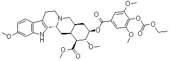 structure of CAS# 84-36-6, Syrosingopine;Londomin; Methyl carbethoxysyringoyl reserpate; Methyl reserpate ester of syringic acid ethyl carbonate; NSC 77030; Raunova; Seniramin; Singoserp; Siringina; Su 3118; Syringic acid ethyl carbonate ester with methyl reserpate; Syringopine; Syrosingopin