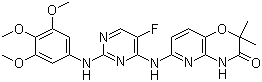 结构式 CAS# 841290-80-0, R-406; 6-[[5-氟-2-[(3,4,5-三甲氧基苯基)氨基]-4-嘧啶基]氨基]-2,2-二甲基-2H-吡啶并[3,2-b]-1,4-恶嗪-3(4H)-酮