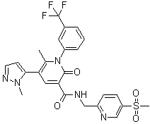 structure of CAS# 848141-11-7, Alvelestat;6-Methyl-5-(1-methyl-1H-pyrazol-5-yl)-N-[[5-(methylsulfonyl)pyridin-2-yl]methyl]-2-oxo-1-[3-(trifluoromethyl)phenyl]-1,2-dihydropyridine-3-carboxamide