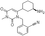 structure of CAS# 850649-61-5, Alogliptin;2-[[6-[(3R)-3-Amino-1-piperidinyl]-3,4-dihydro-3-methyl-2,4-dioxo-1(2H)-pyrimidinyl]methyl]benzonitrile