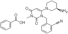 结构式 CAS# 850649-62-6, 阿格列汀苯甲酸盐; 2-[[6-[(3R)-3-氨基-1-哌啶基]-3,4-二氢-3-甲基-2,4-二氧代-1(2H)-嘧啶基]甲基]苯甲腈苯甲酸盐