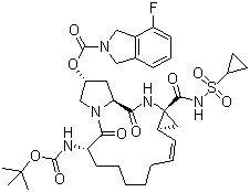 structure of CAS# 850876-88-9, Danoprevir;4-Fluoro-1,3-dihydro-2H-isoindole-2-carboxylic acid (2R,6S,13aS,14aR,16aS)-14a-[[(cyclopropylsulfonyl)amino]carbonyl]-6-[[(1,1-dimethylethoxy)carbonyl]amino]-1,2,3,5,6,7,8,9,10,11,13a,14,14a,15,16,16a-hexadecahydro-5,16-dioxocyclopropa[e]pyrrolo[1,2-a][1,4]diazacyclopentadecin-2-yl ester