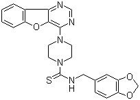 structure of CAS# 850879-09-3, MP 470;N-(1,3-Benzodioxol-5-ylmethyl)-4-benzofuro[3,2-d]pyrimidin-4-yl-1-piperazinecarbothioamide