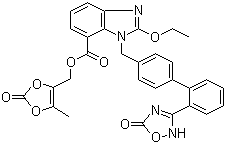 结构式 CAS# 863031-21-4, 阿齐沙坦奥美沙坦酯; 1-[[2'-(2,5-二氢-5-氧代-1,2,4-恶二唑-3-基)[1,1'-联苯]-4-基]甲基]-2-乙氧基-1H-苯并咪唑-7-羧酸 (5-甲基-2-氧代-1,3-二恶茂-4-基)甲酯