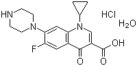 结构式 CAS# 86393-32-0, 盐酸环丙沙星(一水物); 1-环丙基-6-氟-1,4-二氢-4-氧代-7-(1-哌嗪基)-3-喹啉羧酸盐酸盐一水物