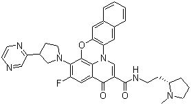 结构式 CAS# 865311-47-3, CX 3543; 5-氟-N-[2-[(2S)-1-甲基-2-吡咯烷基]乙基]-3-氧代-6-[3-(2-吡嗪基)-1-吡咯烷基]-3H-苯并[b]吡啶并[3,2,1-kl]吩噁嗪-2-甲酰胺