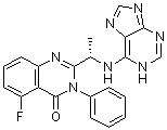structure of CAS# 870281-17-7, 5-Fluoro-3-phenyl-2-[(1S)-1-(1H-purin-6-ylamino)ethyl]-4(3H)-quinazolinone