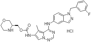 结构式 CAS# 873837-23-1, BMS-599626; [4-[[1-[(3-氟苯基)甲基]-1H-吲唑-5-基]氨基]-5-甲基吡咯并[2,1-f][1,2,4]三嗪-6-基]氨基甲酸 (3S)-3-吗啉基甲基酯盐酸盐