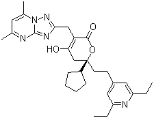 结构式 CAS# 877130-28-4, (R)-6-环戊基-6-[2-(2,6-二乙基吡啶-4-基)乙基]-3-[(5,7-二甲基-[1,2,4]三唑并[1,5-a]嘧啶-2-基)甲基]-4-羟基-5,6-二氢-2H-吡喃-2-酮