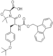 structure of CAS# 878797-09-2, (4S)-3-[(2S)-3-[4-(1,1-Dimethylethoxy)phenyl]-2-[[(9H-fluoren-9-ylmethoxy)carbonyl]amino]-1-oxopropyl]-2,2-dimethyl-4-oxazolidinecarboxylic acid