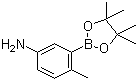 structure of CAS# 882670-69-1, 5-Amino-2-methylphenylboronic acid pinacol ester;4-Methyl-3-(4,4,5,5-tetramethyl-1,3,2-dioxaborolan-2-yl)aniline; [4-Methyl-3-(4,4,5,5-tetramethyl[1,3,2]dioxaborolan-2-yl)phenyl]amine