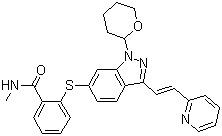 structure of CAS# 885126-35-2, N-Methyl-2-[[3-[(1E)-2-(2-pyridinyl)ethenyl]-1-(tetrahydro-2H-pyran-2-yl)-1H-indazol-6-yl]thio]benzamide