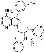结构式 CAS# 900185-02-6, 2-[[4-氨基-3-(3-羟基苯基)-1H-吡唑并[3,4-d]嘧啶-1-基]甲基]-5-甲基-3-(2-甲基苯基)-4(3H)-喹唑啉酮