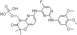结构式 CAS# 901119-35-5, Fostamatinib; 6-[[5-氟-2-[(3,4,5-三甲氧基苯基)氨基]-4-嘧啶基]氨基]-2,2-二甲基-4-[(磷酰氧基)甲基]-2H-吡啶并[3,2-b]-1,4-恶嗪-3(4H)-酮