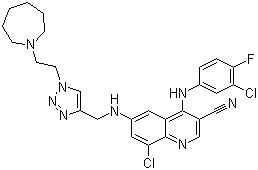structure of CAS# 915365-57-0, 6-[[[1-[2-(Azepan-1-yl)ethyl]-1H-1,2,3-triazol-4-yl]methyl]amino]-8-chloro-4-[(3-chloro-4-fluorophenyl)amino]quinoline-3-carbonitrile