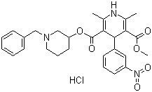 结构式 CAS# 91599-74-5, 盐酸贝尼地平; (R,R)-(+/-)-2,6-二甲基-4-(3-硝基苯)-1,4-二氢-3,5-吡啶二羧酸-甲基-(R)-1-苄基-3-哌啶基酯盐酸盐