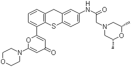 structure of CAS# 925701-49-1, KU-60019;(2R,6S)-2,6-Dimethyl-N-[5-[6-(4-morpholinyl)-4-oxo-4H-pyran-2-yl]-9H-thioxanthen-2-yl]-4-morpholineacetamide