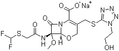 结构式 CAS# 92823-03-5, 氟氧头孢钠; (6R,7R)-7-(2-((二氟甲基)硫)乙酰氨基)-3-(((1-(2-羟乙基)-1H-四唑-5-基)硫)甲基)-7-甲氧基-8-氧代-5-氧杂-1-氮杂双环[4.2.0]辛-2-烯-2-甲酸钠