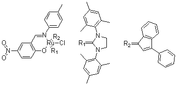 structure of CAS# 934538-04-2, [1,3-Bis(2,4,6-trimethylphenyl)-2-imidazolidinylidene]chloro[2-[[(4-methylphenyl)imino]methyl]-4-nitrophenolato](3-phenyl-1H-inden-1-ylidene)ruthenium