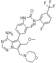 structure of CAS# 939805-30-8, N-[4-[4-Amino-6-(methoxymethyl)-7-(4-morpholinylmethyl)pyrrolo[2,1-f][1,2,4]triazin-5-yl]-2-fluorophenyl]-N'-[2-fluoro-5-(trifluoromethyl)phenyl]urea