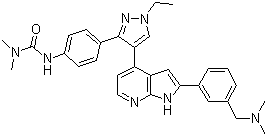 structure of CAS# 942918-07-2, GSK 1070916;N'-[4-[4-[2-[3-[(Dimethylamino)methyl]phenyl]-1H-pyrrolo[2,3-b]pyridin-4-yl]-1-ethyl-1H-pyrazol-3-yl]phenyl]-N,N-dimethylurea