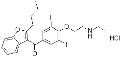 structure of CAS# 96027-74-6, (2-Butylbenzofuran-3-yl)(4-(2-(ethylamino)ethoxy)-3,5-diiodophenyl)methanone hydrochloride