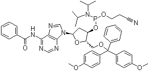 结构式 CAS# 98796-53-3, 5'-O-(4,4'-二甲氧基三苯基)-N6-苯甲酰基-2'-脱氧腺苷-3'-(2-氰乙基-N,N-二异丙基)亚磷酰胺; 5'-O-(4,4'-二甲氧基三苯基)-N6-苯甲酰基-2'-脱氧腺甙-3'-(2-氰乙基-N,N-二异丙基)亚磷酰胺